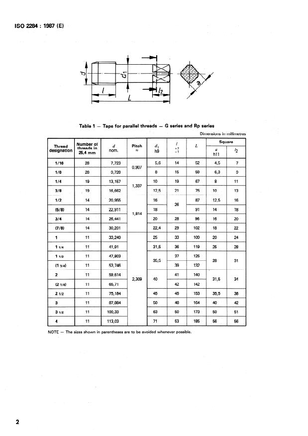 ISO 2284:1987 ISO 2284:1987 - Hand taps for parallel and taper pipe threads -- General dimensions and marking - Page 4 preview