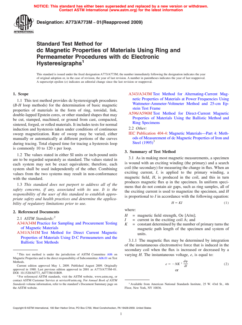 ASTM A773/A773M-01(2009) - Standard Test Method for dc Magnetic Properties of Materials Using Ring and Permeameter Procedures with dc Electronic Hysteresigraphs