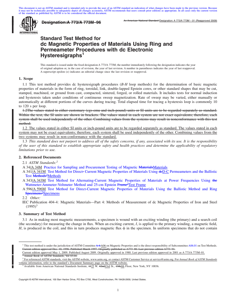 REDLINE ASTM A773/A773M-01(2009) - Standard Test Method for dc Magnetic Properties of Materials Using Ring and Permeameter Procedures with dc Electronic Hysteresigraphs