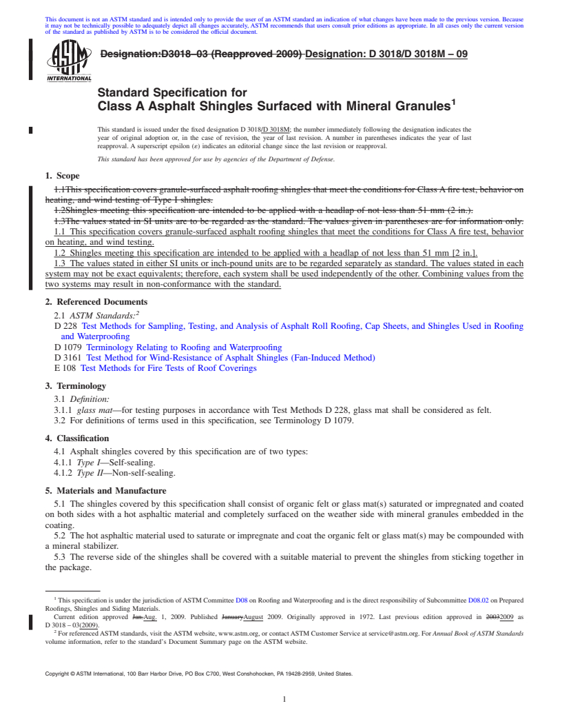 REDLINE ASTM D3018/D3018M-09 - Standard Specification for Class A Asphalt Shingles Surfaced with Mineral Granules