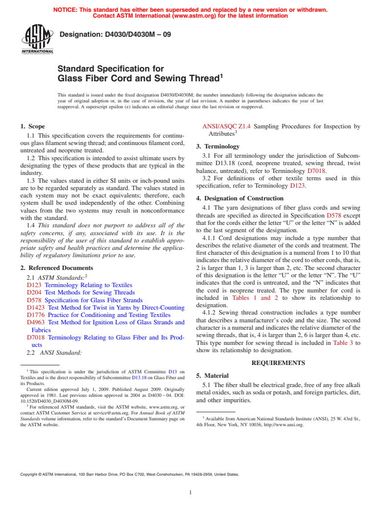 ASTM D4030/D4030M-09 - Standard Specification for Glass Fiber Cord and Sewing Thread