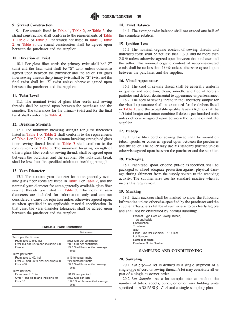 ASTM D4030/D4030M-09 - Standard Specification for Glass Fiber Cord and Sewing Thread