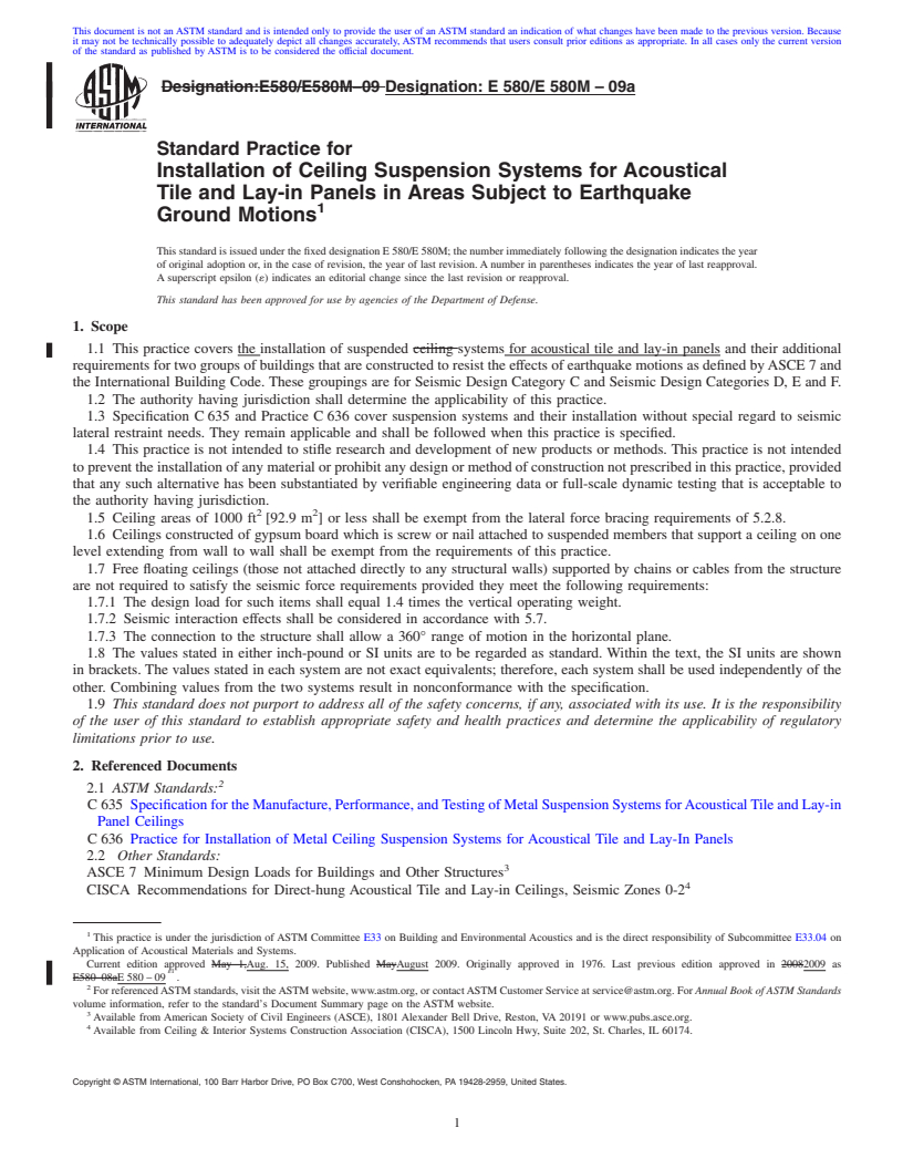 REDLINE ASTM E580/E580M-09a - Standard Practice for  Installation of Ceiling Suspension Systems for Acoustical Tile and Lay-in Panels in Areas Subject to Earthquake Ground Motions