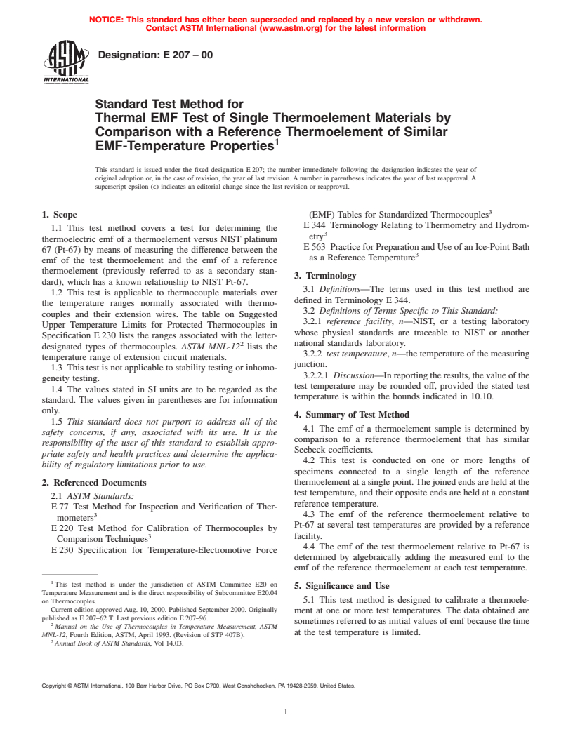 ASTM E207-00 - Standard Test Method for Thermal EMF Test of Single Thermoelement Materials By Comparison with a Reference Thermoelement of Similar EMF-Temperature Properties