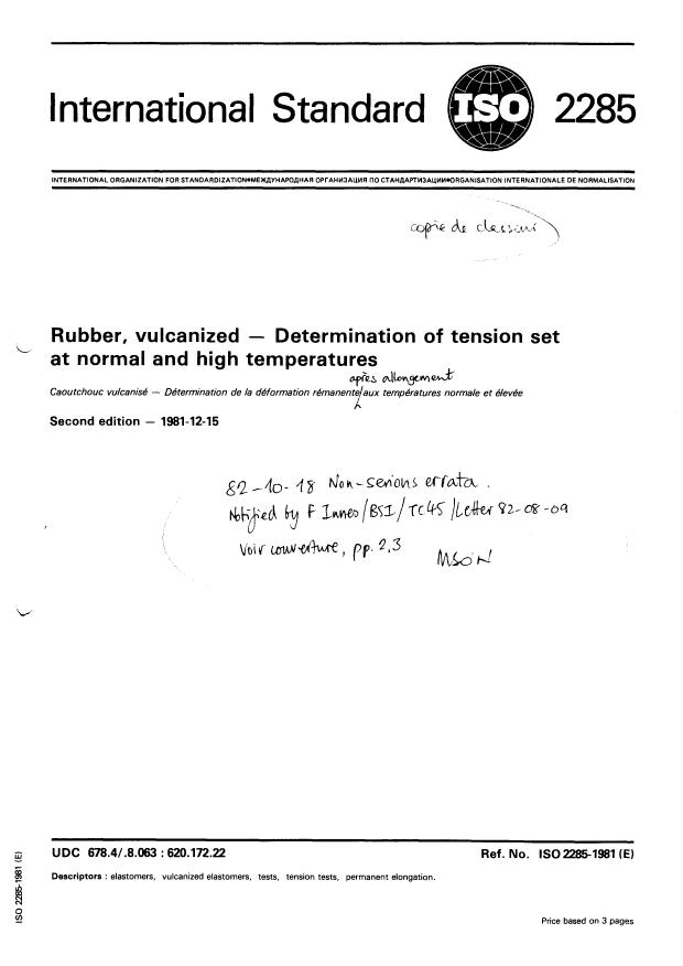 ISO 2285:1981 - Rubber, vulcanized -- Determination of tension set at normal and high temperatures