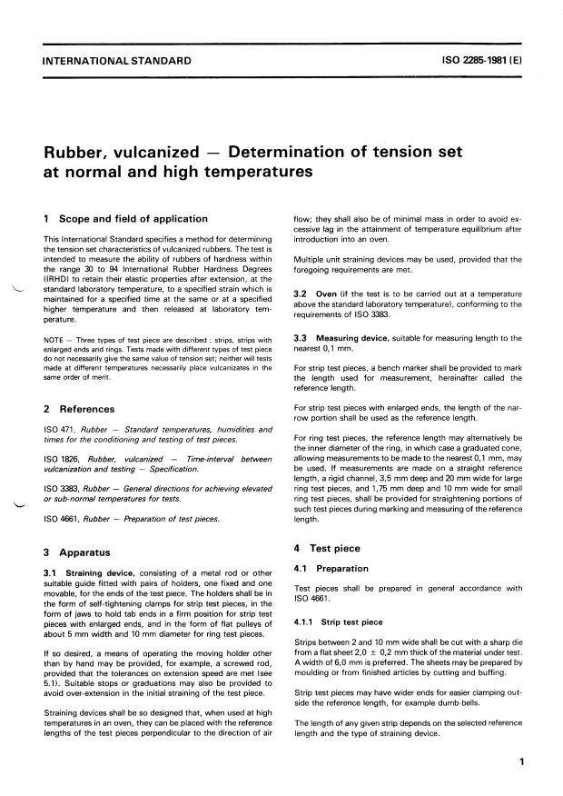 ISO 2285:1981 - Rubber, vulcanized -- Determination of tension set at normal and high temperatures