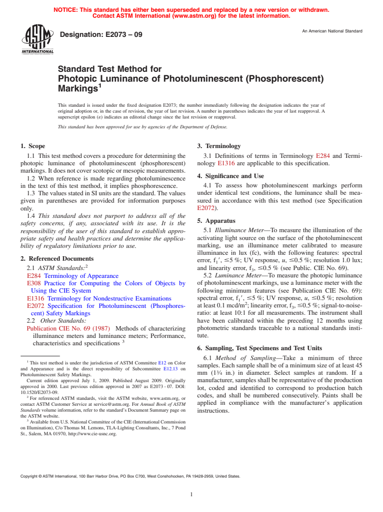 ASTM E2073-09 - Standard Test Method for Photopic Luminance of Photoluminescent (Phosphorescent) Markings