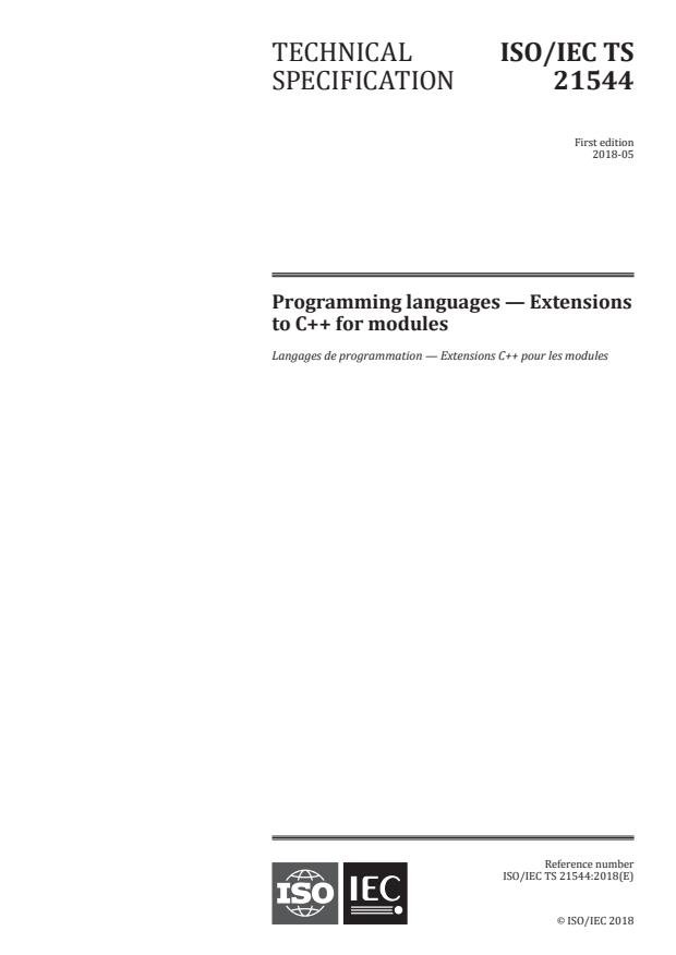 ISO/IEC TS 21544:2018 - Programming languages -- Extensions to C++ for modules