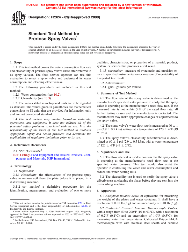 ASTM F2324-03(2009) - Standard Test Method for Prerinse Spray Valves