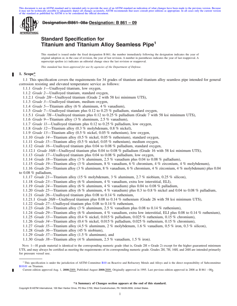 REDLINE ASTM B861-09 - Standard Specification for Titanium and Titanium Alloy Seamless Pipe