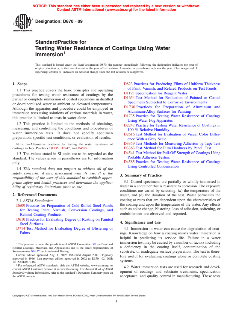 ASTM D870-09 - Standard Practice for Testing Water Resistance of Coatings Using Water Immersion