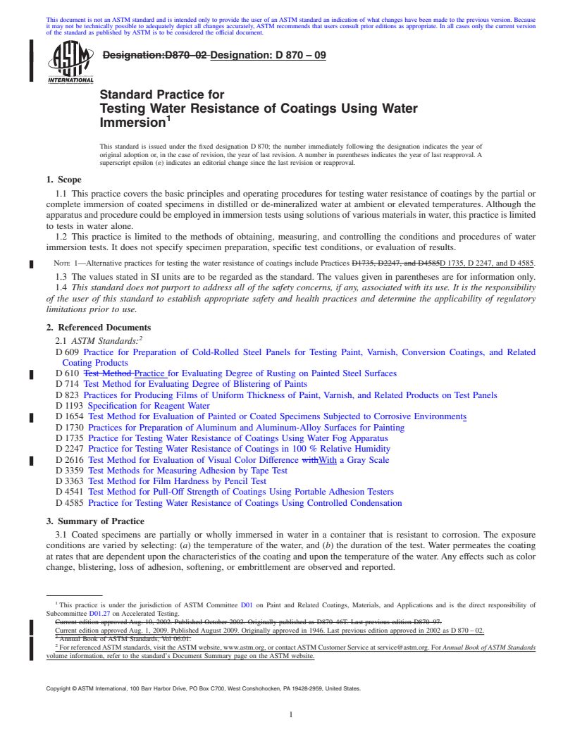 REDLINE ASTM D870-09 - Standard Practice for Testing Water Resistance of Coatings Using Water Immersion