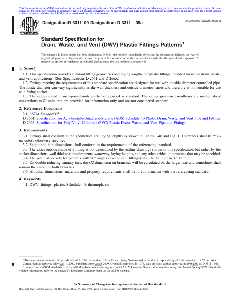 REDLINE ASTM D3311-09a - Standard Specification for Drain, Waste, and Vent (DWV) Plastic Fittings Patterns