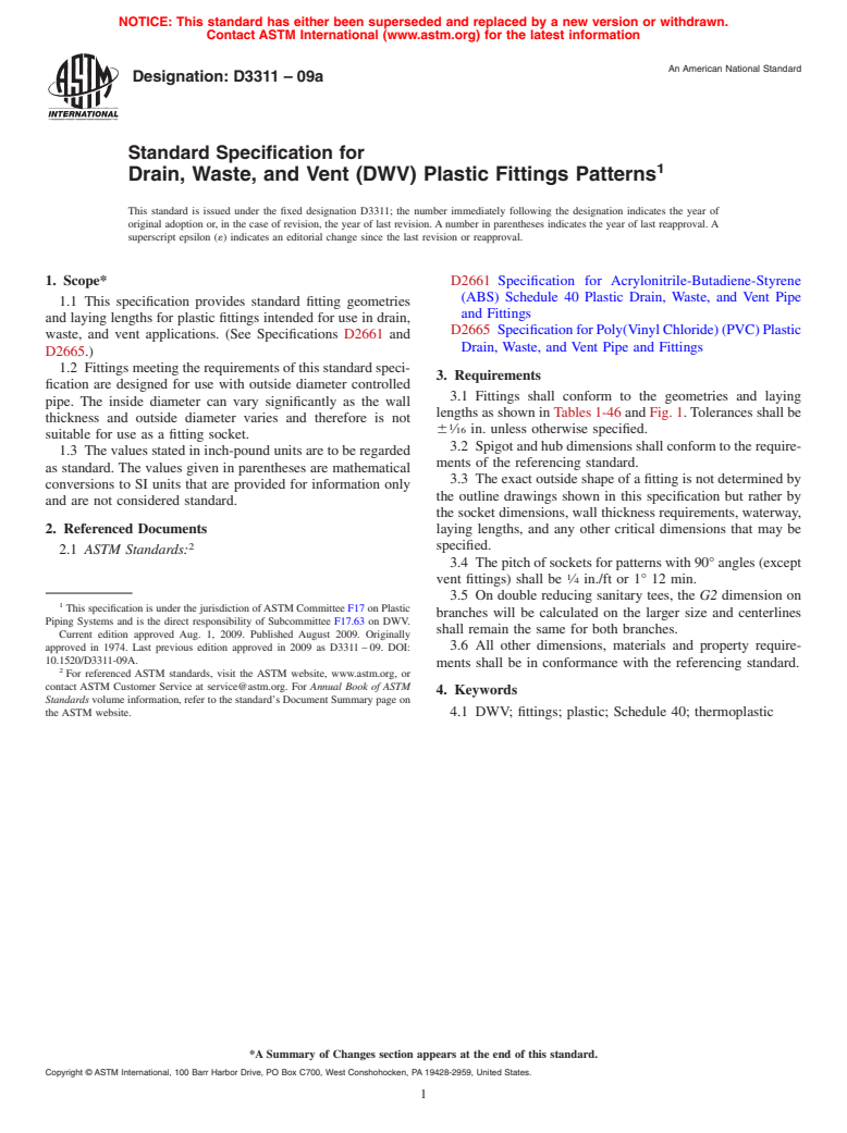 ASTM D3311-09a - Standard Specification for Drain, Waste, and Vent (DWV) Plastic Fittings Patterns