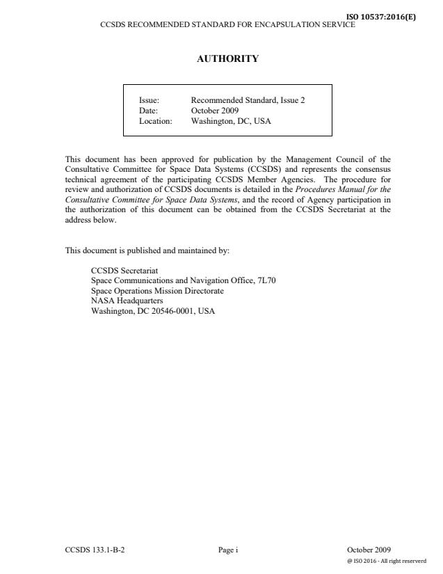 ISO 10537:2016 ISO 10537:2016 - Space data and information transfer systems -- Encapsulation service - Page 4 preview