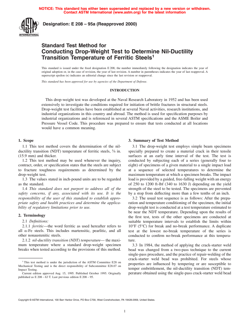 ASTM E208-95a(2000) - Standard Test Method for Conducting Drop-Weight Test to Determine Nil-Ductility Transition Temperature of Ferritic Steels