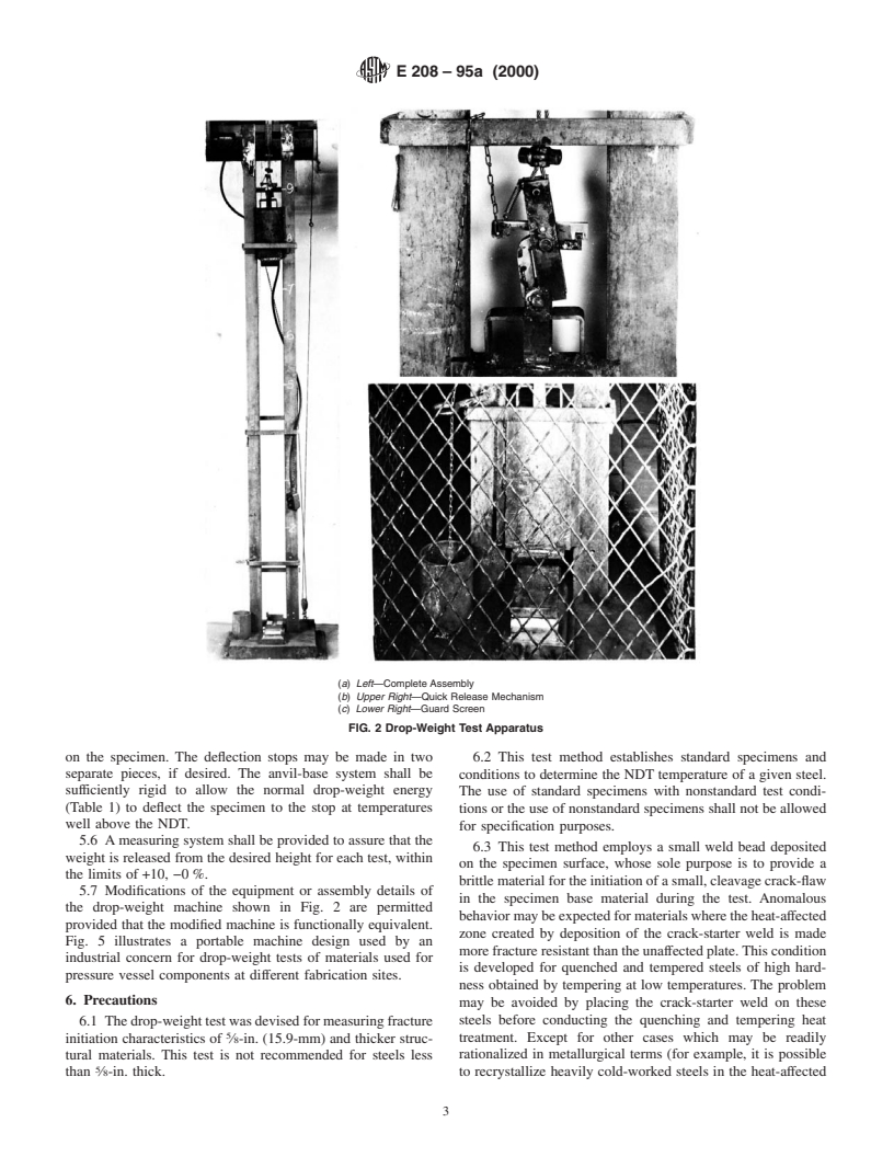 ASTM E208-95a(2000) - Standard Test Method for Conducting Drop-Weight Test to Determine Nil-Ductility Transition Temperature of Ferritic Steels