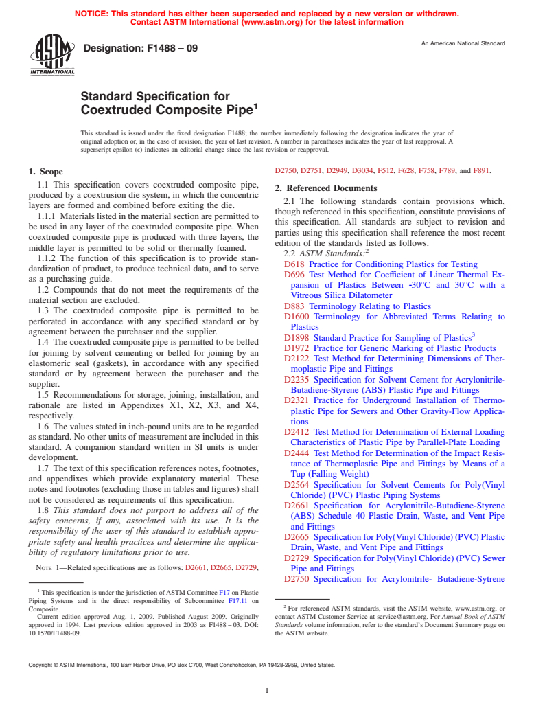 ASTM F1488-09 - Standard Specification for Coextruded Composite Pipe