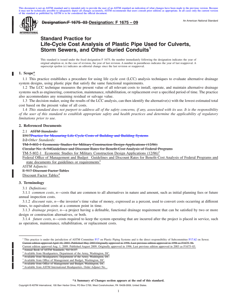 REDLINE ASTM F1675-09 - Standard Practice for Life-Cycle Cost Analysis of Plastic Pipe Used for Culverts, Storm Sewers, and Other Buried Conduits