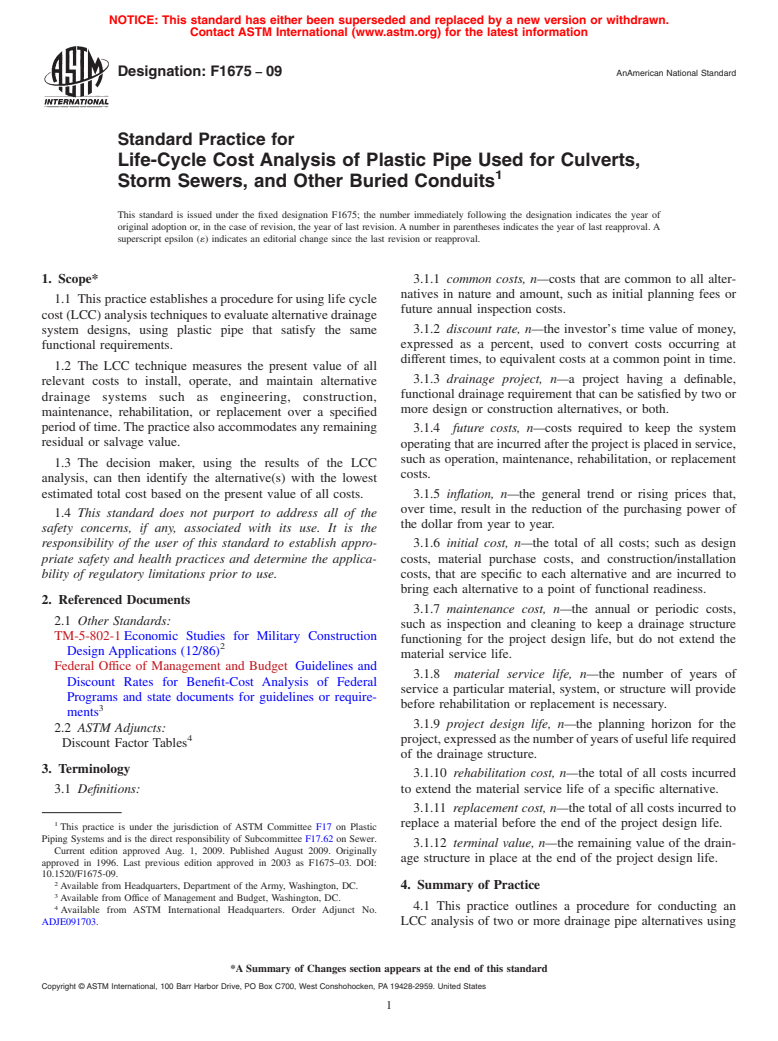 ASTM F1675-09 - Standard Practice for Life-Cycle Cost Analysis of Plastic Pipe Used for Culverts, Storm Sewers, and Other Buried Conduits