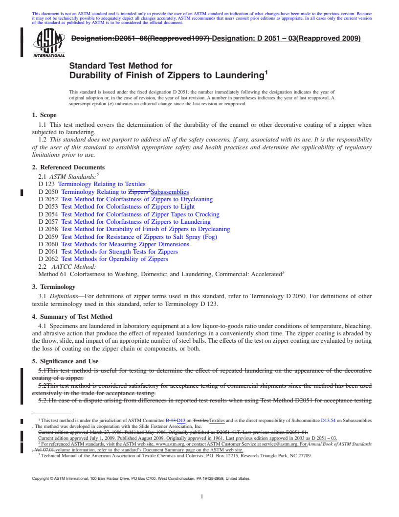 REDLINE ASTM D2051-03(2009) - Standard Test Method for Durability of Finish of Zippers to Laundering