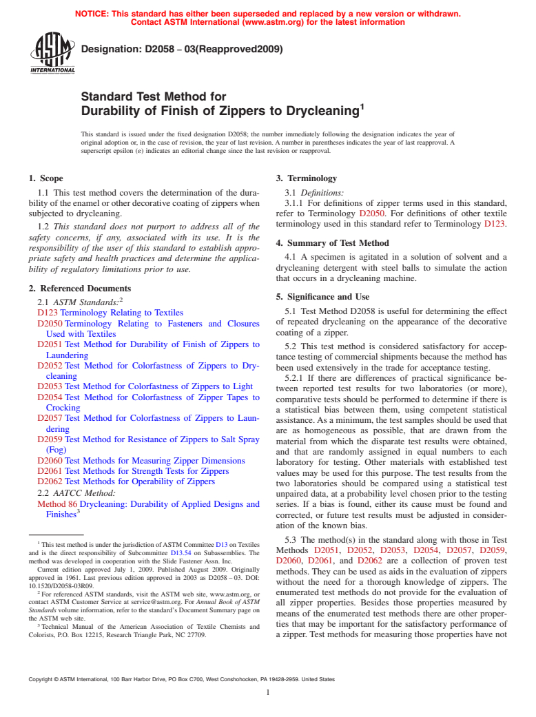 ASTM D2058-03(2009) - Standard Test Method for Durability of Finish of Zippers to Drycleaning