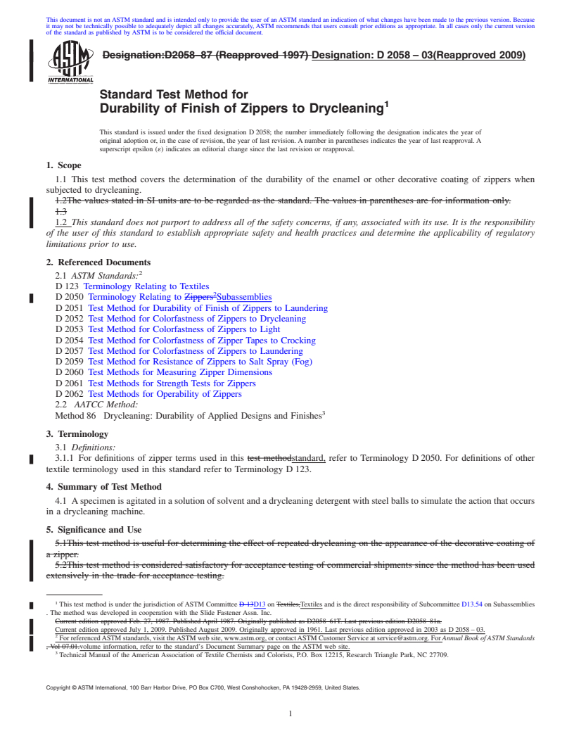 REDLINE ASTM D2058-03(2009) - Standard Test Method for Durability of Finish of Zippers to Drycleaning