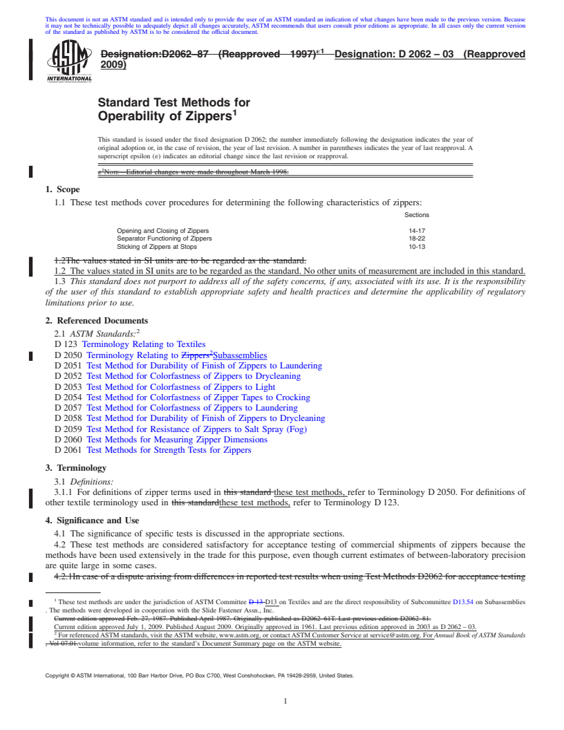 REDLINE ASTM D2062-03(2009) - Standard Test Methods for Operability of Zippers