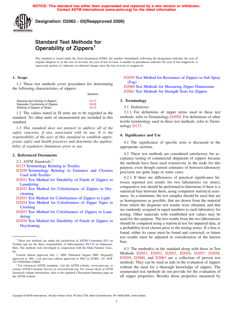 ASTM D2062-03(2009) - Standard Test Methods for Operability of Zippers