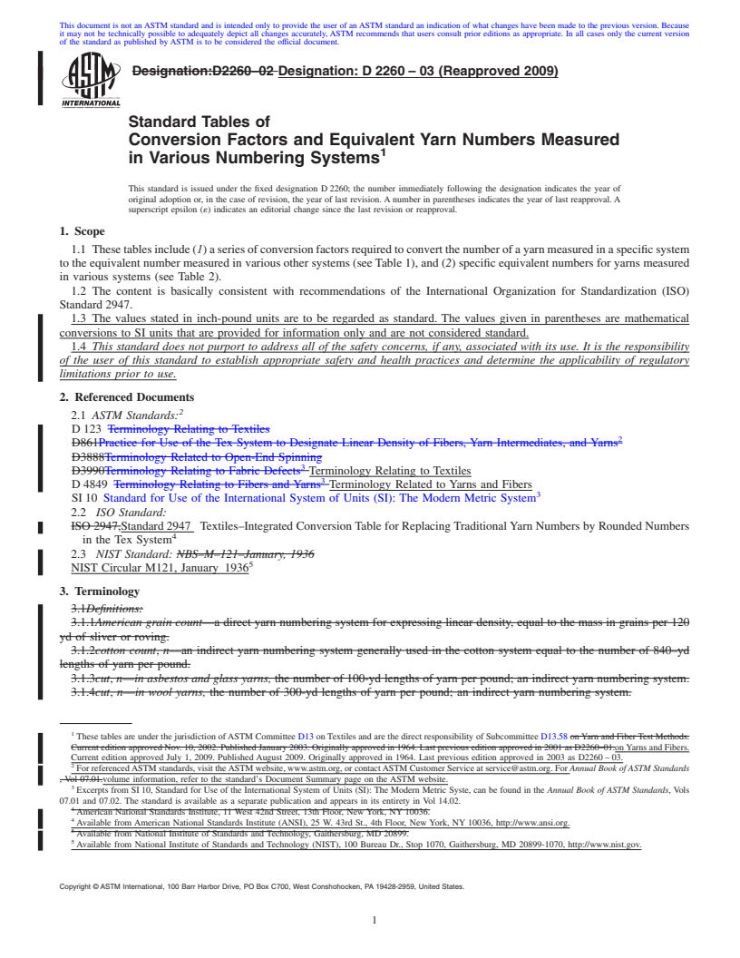 REDLINE ASTM D2260-03(2009) - Standard Tables of Conversion Factors and Equivalent Yarn Numbers Measured in Various Numbering Systems