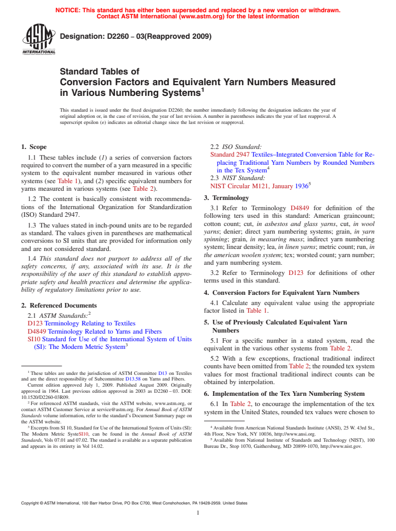 ASTM D2260-03(2009) - Standard Tables of Conversion Factors and Equivalent Yarn Numbers Measured in Various Numbering Systems