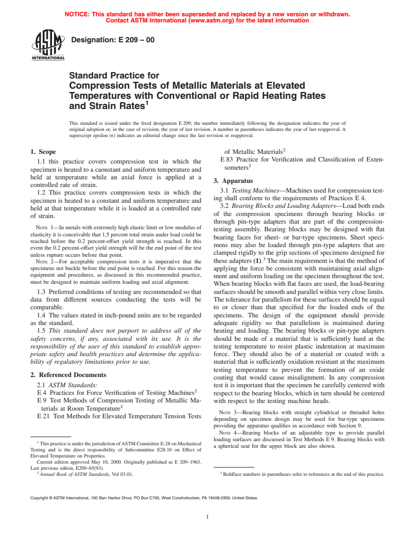 ASTM E209-00 - Standard Practice for Compression Tests of Metallic Materials at Elevated Temperatures with Conventional or Rapid Heating Rates and Strain Rates