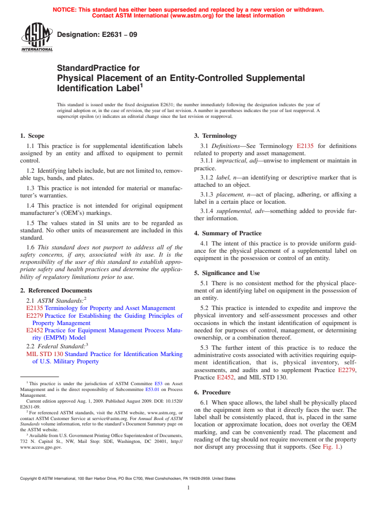 ASTM E2631-09 - Standard Practice for Physical Placement of an Entity-Controlled Supplemental Identification Label