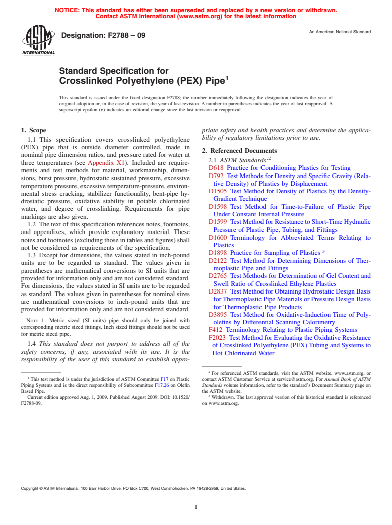 ASTM F2788-09 - Standard Specification for Crosslinked Polyethylene (PEX) Pipe