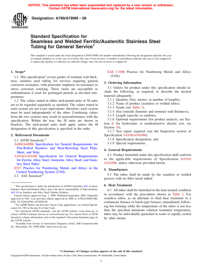 ASTM A789/A789M-09 - Standard Specification for Seamless and Welded Ferritic/Austenitic Stainless Steel Tubing for General Service