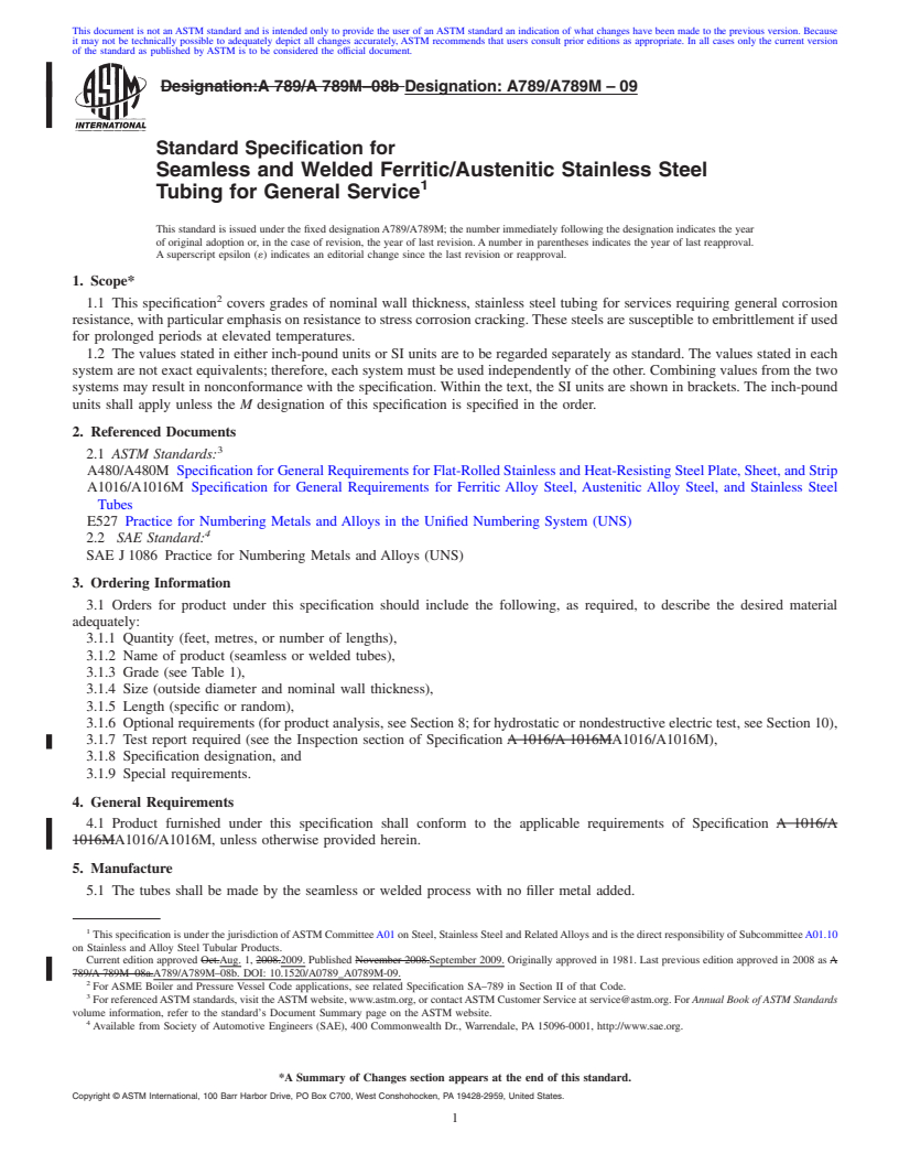 REDLINE ASTM A789/A789M-09 - Standard Specification for Seamless and Welded Ferritic/Austenitic Stainless Steel Tubing for General Service