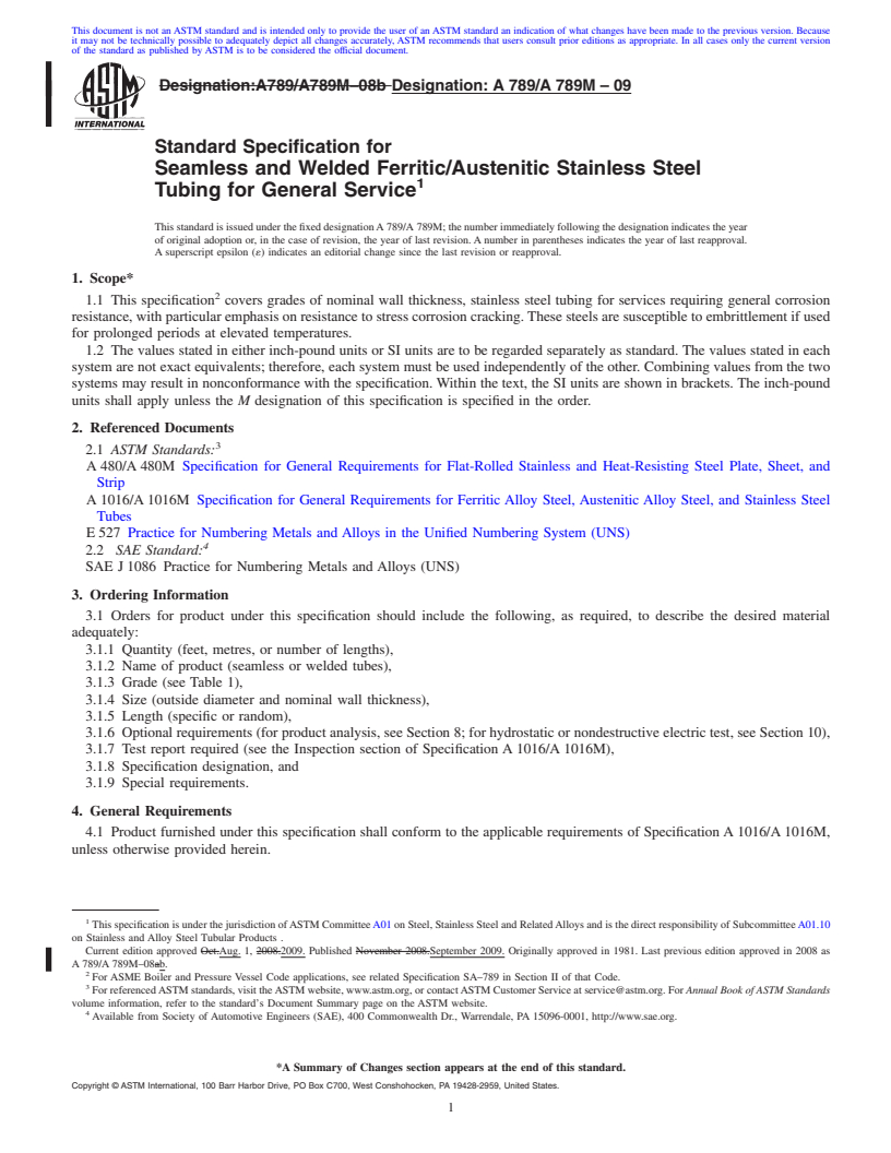 REDLINE ASTM A789/A789M-09 - Standard Specification for Seamless and Welded Ferritic/Austenitic Stainless Steel Tubing for General Service