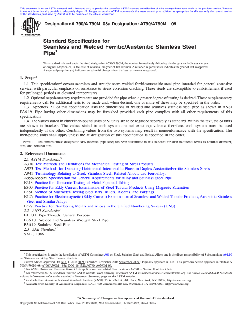 REDLINE ASTM A790/A790M-09 - Standard Specification for  Seamless and Welded Ferritic/Austenitic Stainless Steel Pipe