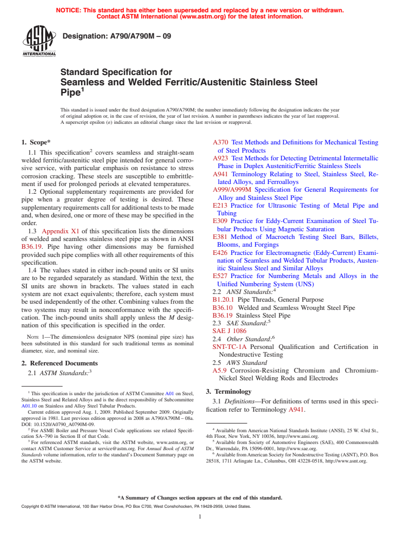 ASTM A790/A790M-09 - Standard Specification for  Seamless and Welded Ferritic/Austenitic Stainless Steel Pipe