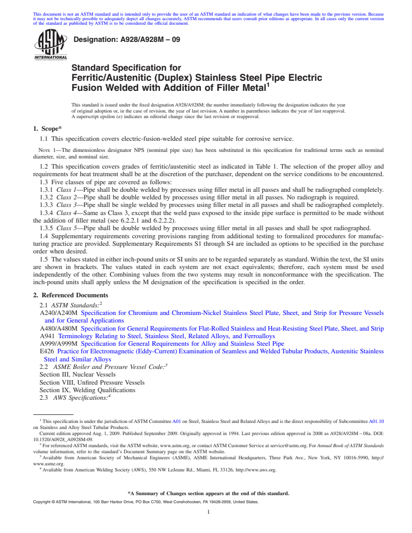 REDLINE ASTM A928/A928M-09 - Standard Specification for Ferritic/Austenitic (Duplex) Stainless Steel Pipe Electric Fusion Welded with Addition of Filler Metal