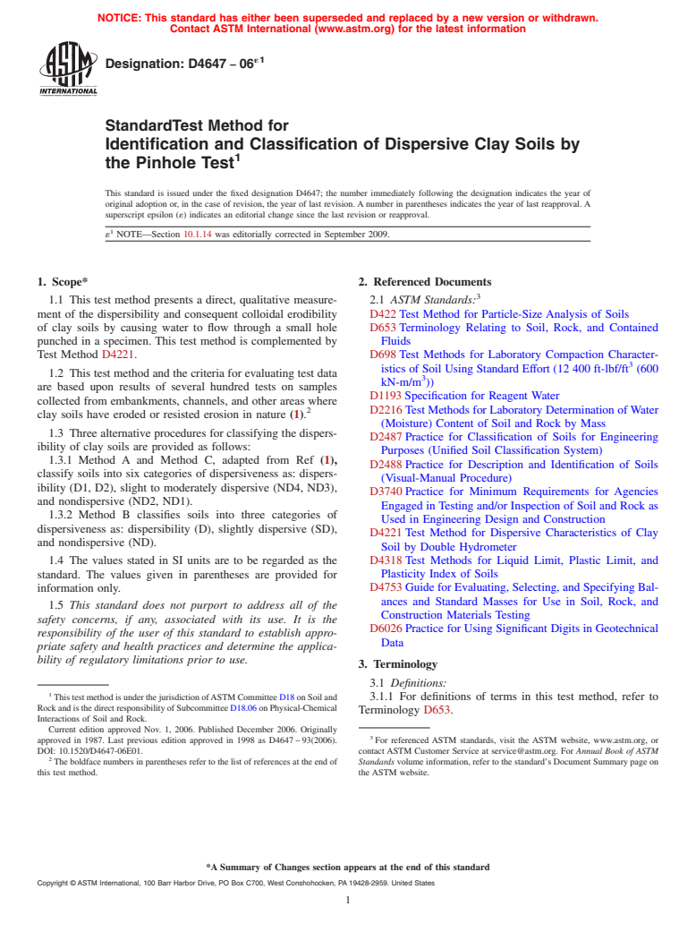 ASTM D4647-06e1 - Standard Test Method for Identification and Classification of Dispersive Clay Soils by the Pinhole Test