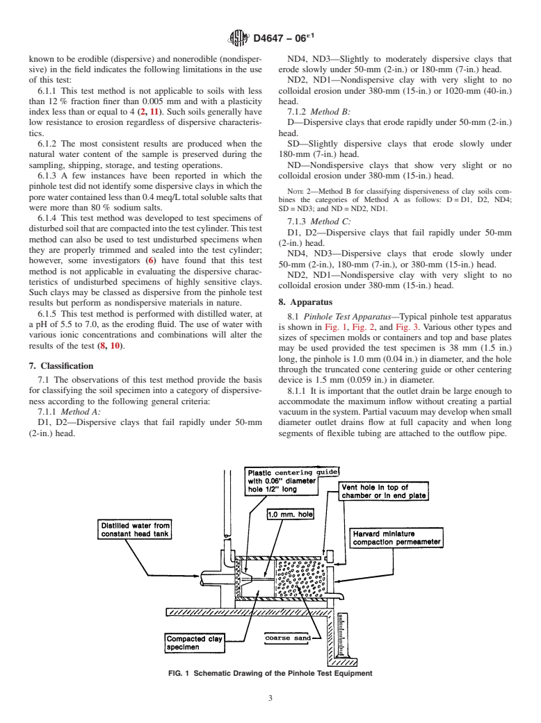 ASTM D4647-06e1 - Standard Test Method for Identification and Classification of Dispersive Clay Soils by the Pinhole Test