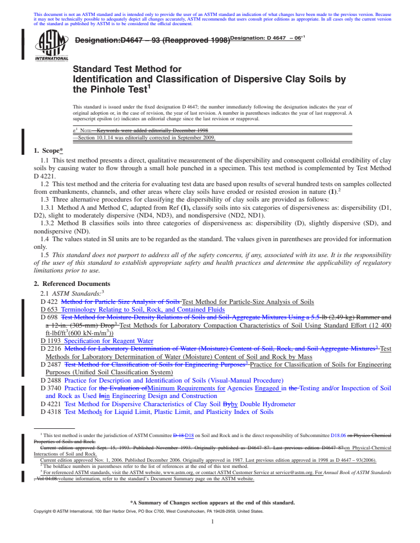 REDLINE ASTM D4647-06e1 - Standard Test Method for Identification and Classification of Dispersive Clay Soils by the Pinhole Test