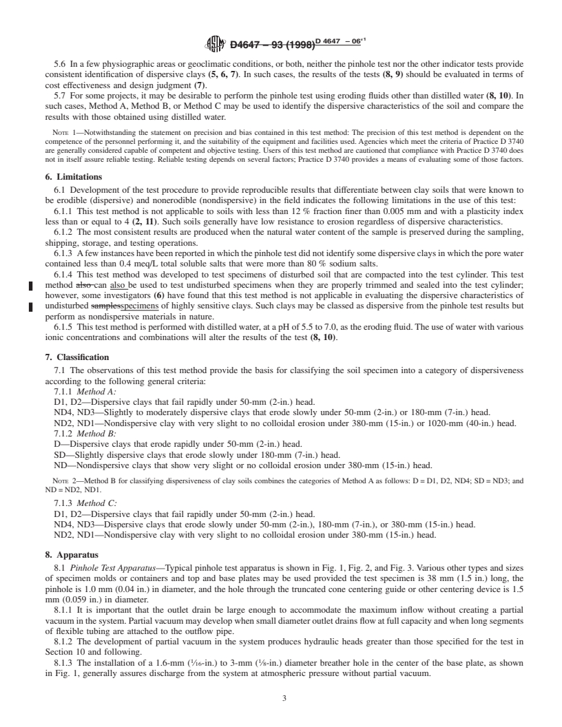 REDLINE ASTM D4647-06e1 - Standard Test Method for Identification and Classification of Dispersive Clay Soils by the Pinhole Test