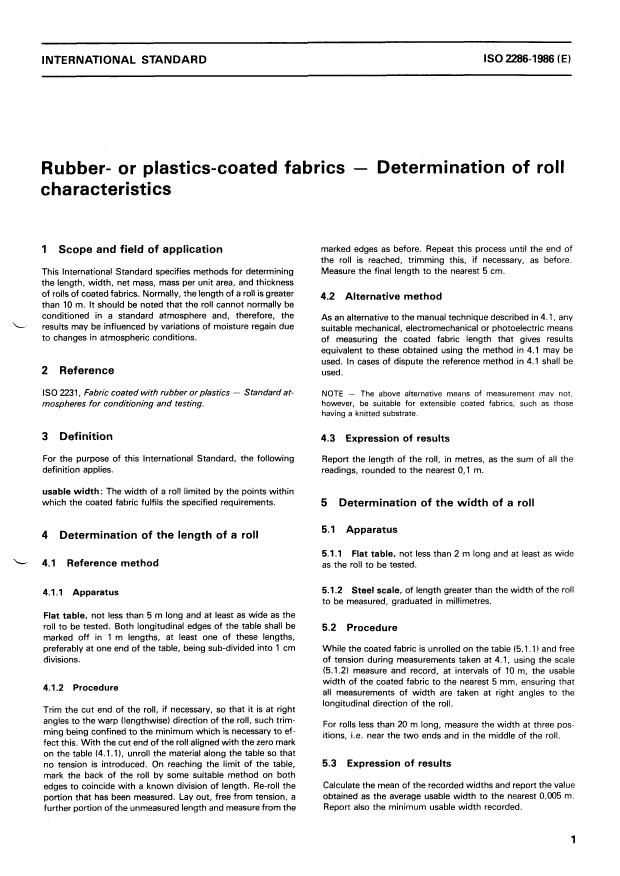 ISO 2286:1986 - Rubber- or plastics-coated fabrics -- Determination of roll characteristics