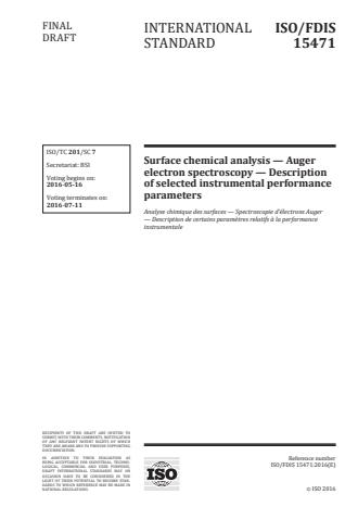 ISO 15471:2016 - Surface chemical analysis -- Auger electron spectroscopy -- Description of selected instrumental performance parameters