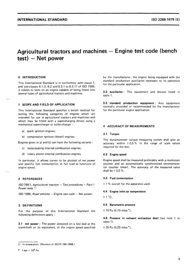 ISO 2288:1979 - Agricultural tractors and machines -- Engine test code (bench test) -- Net power