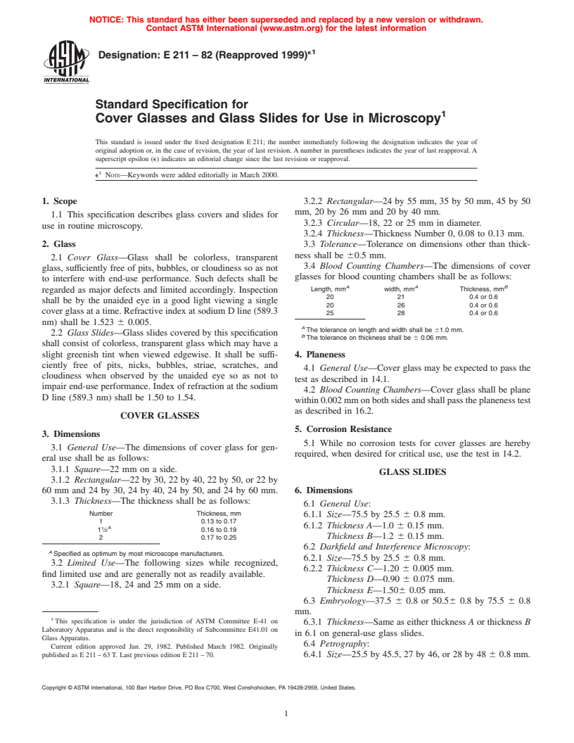 ASTM E211-82(1999)e1 - Standard Specification for Cover Glasses and Glass Slides for Use in Microscopy