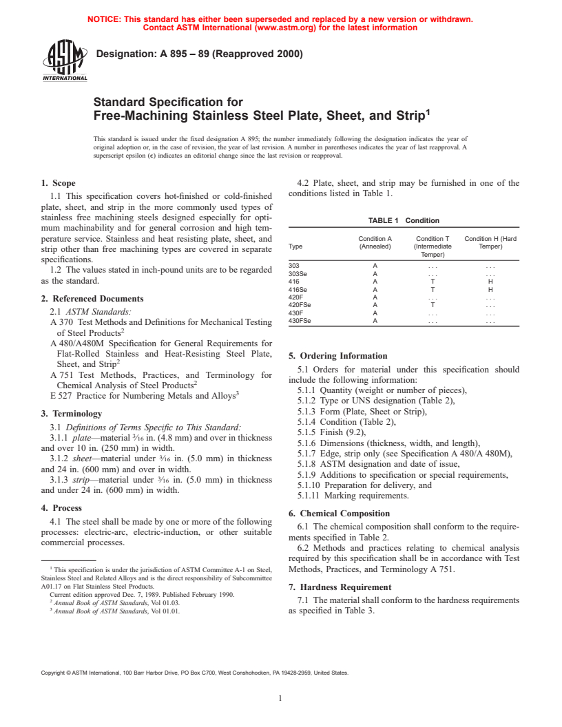 ASTM A895-89(2000) - Standard Specification for Free-Machining Stainless Steel Plate, Sheet, and Strip