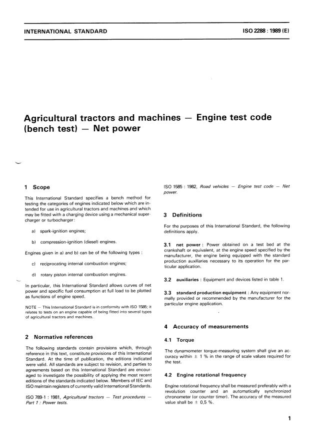 ISO 2288:1989 - Agricultural tractors and machines -- Engine test code (bench test) -- Net power